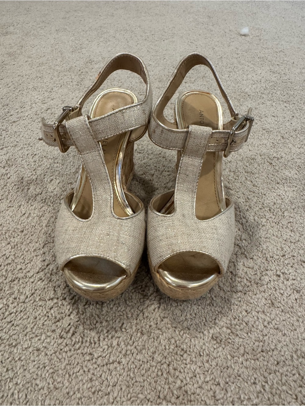 ANTONIO MELANI Gold Linen T-Strap Platform Wedges